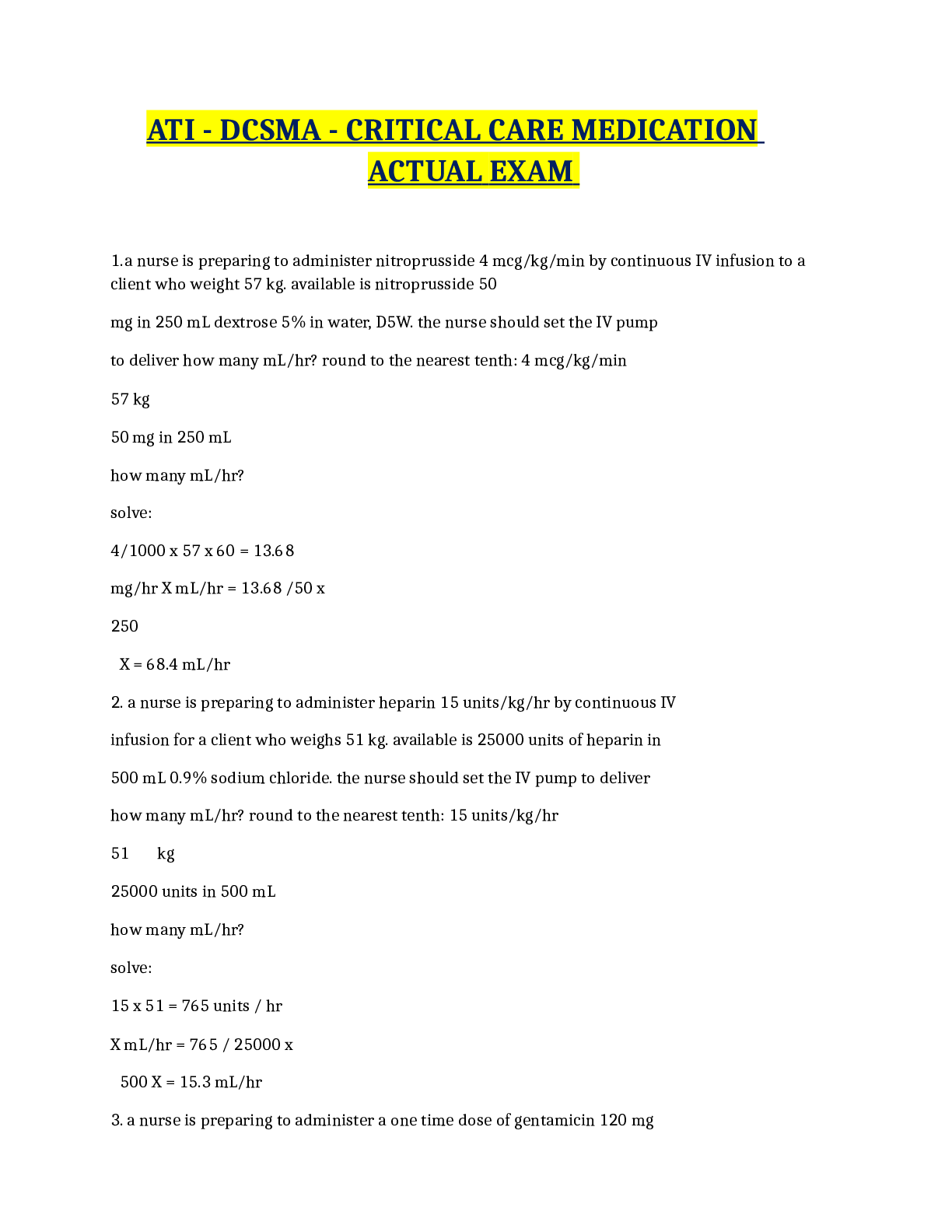 Preview image for ATI - DCSMA - CRITICAL CARE MEDICATION ACTUAL EXAM 2023